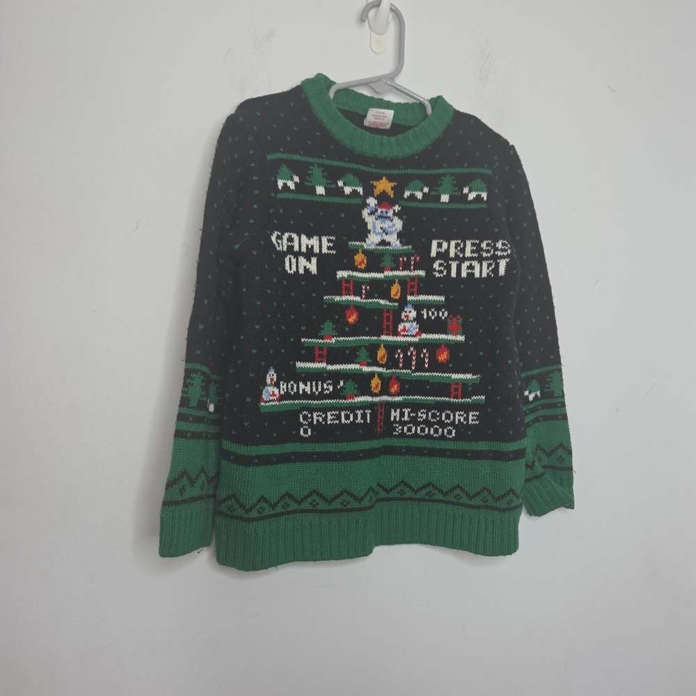 Holiday Time Boys Video Game Christmas Sweater Black Green Retro Gaming XS 4-5